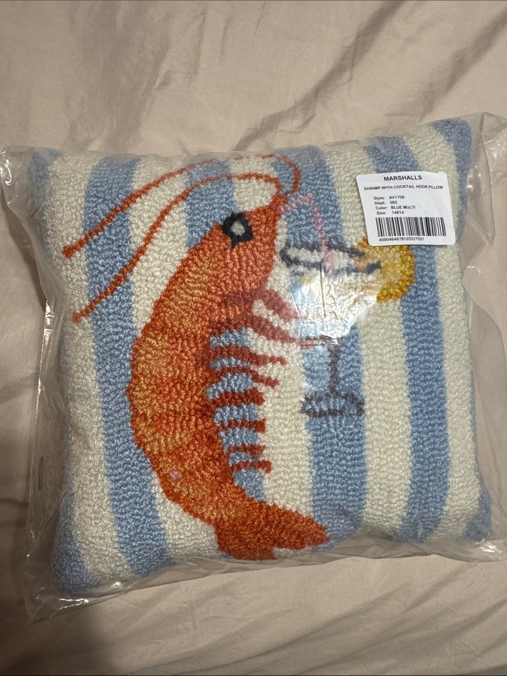 Marshalls Blue, White & Orange Shrimp Hook Pillow